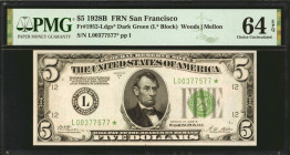 Fr. 1952-Ldgs*. 1928B $5 Federal Reserve Star Note. San Francisco. PMG Choice Uncirculated 64 EPQ.

This is the only known Uncirculated $5 1928B San...