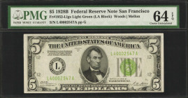 Fr. 1952-Llgs. 1928B $5 Federal Reserve Note. San Francisco. PMG Choice Uncirculated 64 EPQ.

Light Green Seals are only known from three districts:...