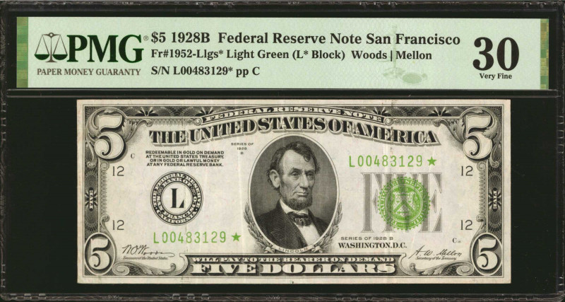 Fr. 1952-Llgs*. 1928B $5 Federal Reserve Star Note. San Francisco. PMG Very Fine...