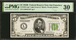 Fr. 1952-Llgs*. 1928B $5 Federal Reserve Star Note. San Francisco. PMG Very Fine 30.

Only one San Francisco Light Green Seal Star is known to the c...