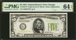 Fr. 1955-G*. 1934 $5 Federal Reserve Star Note. Chicago. PMG Choice Uncirculated 64 EPQ.

A highly attractive replacement Five from the 1934 Series....