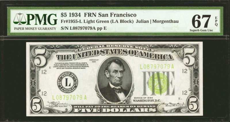 Fr. 1955-L. 1934 $5 Federal Reserve Note. San Francisco. PMG Superb Gem Uncircul...