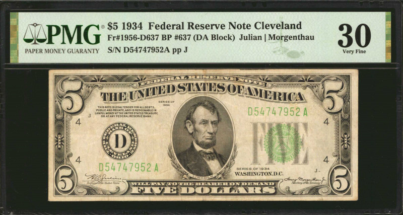 Fr. 1956-D637. 1934 $5 Federal Reserve Note. Cleveland. PMG Very Fine 30. Late F...