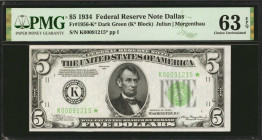 Fr. 1956-K*. 1934 $5 Federal Reserve Star Note. Dallas. PMG Choice Uncirculated 63 EPQ.

A rare non-mule replacement note from the Dallas district. ...