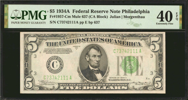 Fr. 1957-Cm. 1934A $5 Federal Reserve Mule Note. Philadelphia. PMG Extremely Fin...