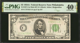 Fr. 1957-Cm. 1934A $5 Federal Reserve Mule Note. Philadelphia. PMG Extremely Fine 40 EPQ.

Back plate 637. PMG has graded just two examples of this ...