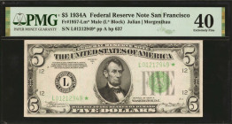 Fr. 1957-Lm*. 1934A $5 Federal Reserve Mule Star Note. San Francisco. PMG Extremely Fine 40.

Back plate 637. Unique and the only example known to c...
