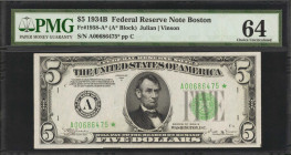 Fr. 1958-A*. 1934B $5 Federal Reserve Star Note. Boston. PMG Choice Uncirculated 64.

PMG has only graded two examples of this rare star; an EF 40 a...