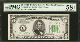 Fr. 1958-L*. 1934B $5 Federal Reserve Star Note. San Francisco. PMG Choice About Uncirculated 58 EPQ.

Just four examples of this replacement San Fr...