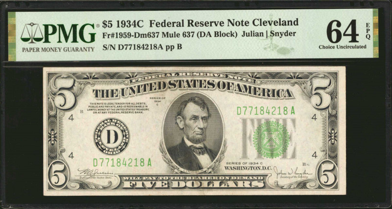 Fr. 1959-Dm637. 1934C $5 Federal Reserve Mule Note. Cleveland. PMG Choice Uncirc...