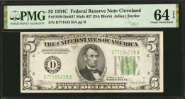 Fr. 1959-Dm637. 1934C $5 Federal Reserve Mule Note. Cleveland. PMG Choice Uncirculated 64 EPQ.

Back plate 637. A nearly-Gem offering of this Clevel...
