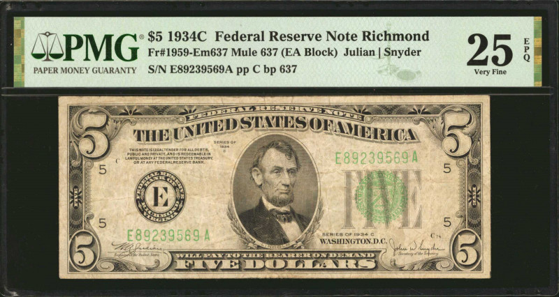 Fr. 1959-Em637. 1934C $5 Federal Reserve Mule Note. Richmond. PMG Very Fine 25 E...