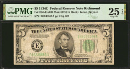 Fr. 1959-Em637. 1934C $5 Federal Reserve Mule Note. Richmond. PMG Very Fine 25 EPQ.

Back plate 637. Just two examples of this Mule 637 type have be...