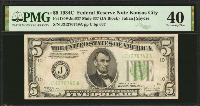 Fr. 1959-Jm637. 1934C $5 Federal Reserve Mule Note. Kansas City. PMG Extremely F...