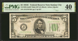 Fr. 1959-Jm637. 1934C $5 Federal Reserve Mule Note. Kansas City. PMG Extremely Fine 40.

Back plate 637. At the time of cataloging, PMG has encapsul...