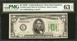 Fr. 1959-Lm637. 1934C $5 Federal Reserve Mule Note. San Francisco. PMG Choice Uncirculated 63 EPQ.

Back plate 637. Unique. 1934C Mules from the San...