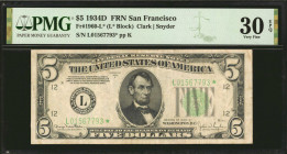 Fr. 1960-L*. 1934D $5 Federal Reserve Star Note. San Francisco. PMG Very Fine 30 EPQ.

At the time of cataloging, PMG has graded just two examples o...