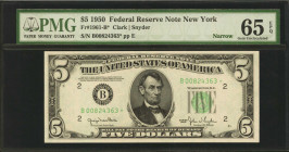Fr. 1961-B*. 1950 $5 Federal Reserve Star Note. Narrow. New York. PMG Gem Uncirculated 65 EPQ.

Narrow variety. Wide margins and extremely attractiv...