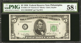 Fr. 1961-CN*. 1950 $5 Federal Reserve Star Note. Narrow. Philadelphia. PMG Choice About Uncirculated 58 EPQ.

Back plate 2015. This note is the sole...
