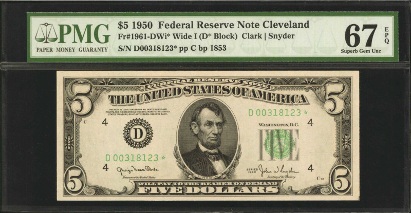 Fr. 1961-DWi*. 1950 $5 Federal Reserve Star Note. Wide I. Cleveland. PMG Superb ...