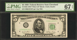 Fr. 1961-DWi*. 1950 $5 Federal Reserve Star Note. Wide I. Cleveland. PMG Superb Gem Uncirculated 67 EPQ.

Back plate 1853. This Wide I replacement $...