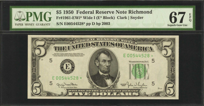 Fr. 1961-EWi*. 1950 $5 Federal Reserve Star Note. Wide I. Richmond. PMG Superb G...