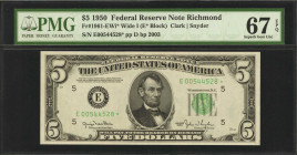 Fr. 1961-EWi*. 1950 $5 Federal Reserve Star Note. Wide I. Richmond. PMG Superb Gem Uncirculated 67 EPQ.

Back plate 2003. A high grade example of th...