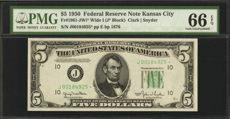 Fr. 1961-JWi*. 1950 $5 Federal Reserve Star Note. Wide I. Kansas City. PMG Gem U...