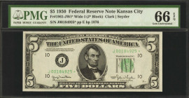 Fr. 1961-JWi*. 1950 $5 Federal Reserve Star Note. Wide I. Kansas City. PMG Gem Uncirculated 66 EPQ.

Back plate 1876. An elusive & high grade exampl...