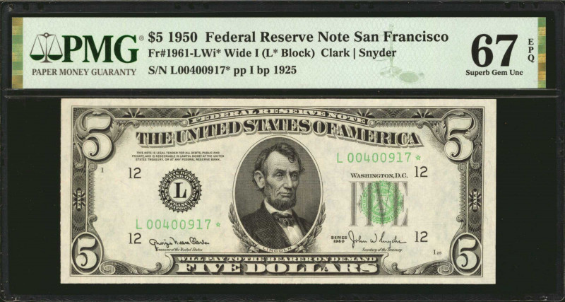 Fr. 1961-LWi*. 1950 $5 Federal Reserve Star Note. Wide I. San Francisco. PMG Sup...