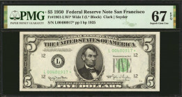 Fr. 1961-LWi*. 1950 $5 Federal Reserve Star Note. Wide I. San Francisco. PMG Superb Gem Uncirculated 67 EPQ.

Back plate 1925. PMG has graded just f...