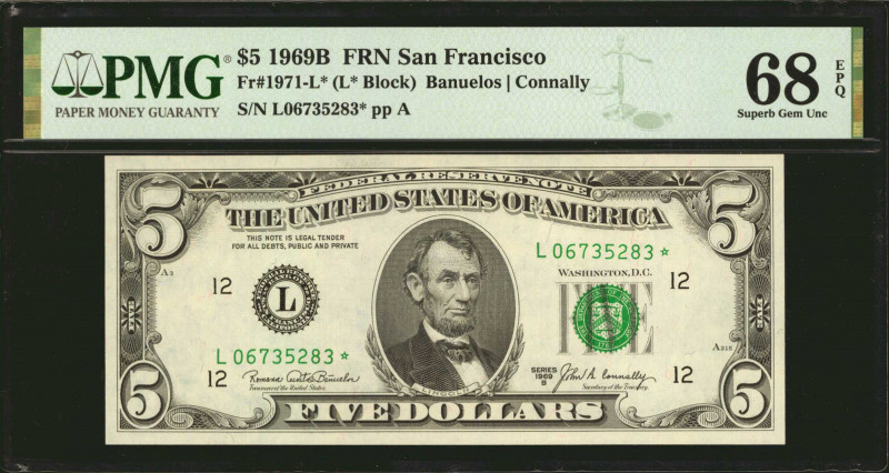 Fr. 1971-L*. 1969B $5 Federal Reserve Star Note. San Francisco. PMG Superb Gem U...