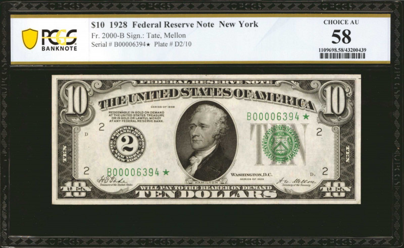 Fr. 2000-B. 1928 $10 Federal Reserve Star Note. New York. PCGS Banknote Choice A...