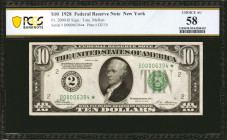 Fr. 2000-B. 1928 $10 Federal Reserve Star Note. New York. PCGS Banknote Choice About Uncirculated 58.

An elusive 1928 New York replacement note, wi...