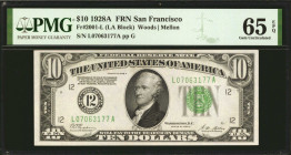 Fr. 2001-L. 1928A $10 Federal Reserve Note. San Francisco. PMG Gem Uncirculated 65 EPQ.

A pack fresh example of this 1928A numeric $10, which hails...