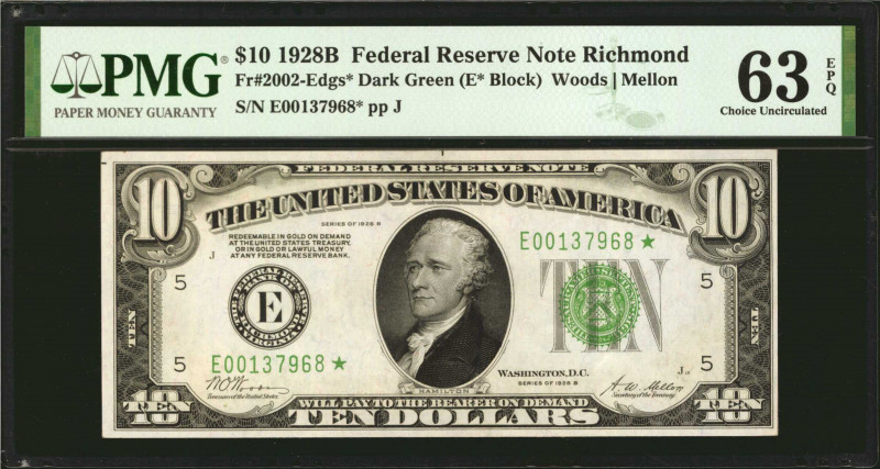 Fr. 2002-Edgs*. 1928B $10 Federal Reserve Star Note. Richmond. PMG Choice Uncirc...