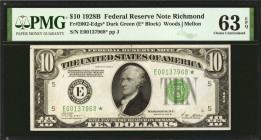 Fr. 2002-Edgs*. 1928B $10 Federal Reserve Star Note. Richmond. PMG Choice Uncirculated 63 EPQ.

Dark green seal variety. Creamy white paper and dark...