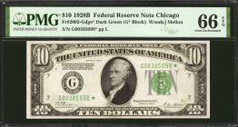 Fr. 2002-Gdgs*. 1928B $10 Federal Reserve Star Note. Chicago. PMG Gem Uncirculated 66 EPQ.

Dark green seal. A wonderfully fresh and well centered G...