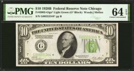 Fr. 2002-Glgs*. 1928B $10 Federal Reserve Star Note. Chicago. PMG Choice Uncirculated 64 EPQ.

Unlike the Chicago Dark Green Seal Star, the Light Ye...
