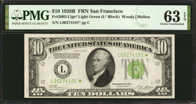 Fr. 2002-Llgs*. 1928B $10 Federal Reserve Star Note. San Francisco. PMG Choice U...