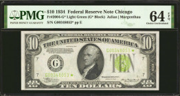 Fr. 2004-G*. 1934 $10 Federal Reserve Star Note. Chicago. PMG Choice Uncirculated 64 EPQ.

Light green seal. Although PMG lists three 64EPQ examples...