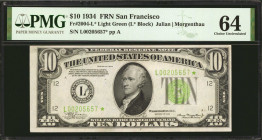 Fr. 2004-L*. 1934 $10 Federal Reserve Star Note. San Francisco. PMG Choice Uncirculated 64.

Light green seal. Sometimes mis-attributed by the gradi...