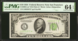 Fr. 2005-Lm*. 1934 $10 Federal Reserve Mule Star Note. San Francisco. PMG Choice Uncirculated 64 EPQ.

Dark green seal. Back plate 608. A nearly Gem...