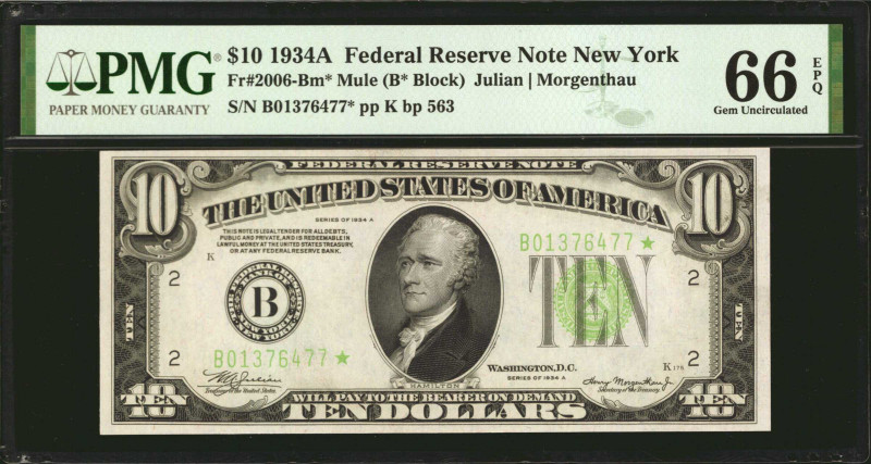 Fr. 2006-Bm*. 1934A $10 Federal Reserve Mule Star Note. New York. PMG Gem Uncirc...