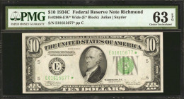 Fr. 2008-EW*. 1934C $10 Federal Reserve Star Note. Wide. Richmond. PMG Choice Uncirculated 63 EPQ.

PMG has graded just seven examples of this Wide ...
