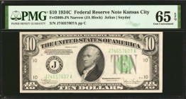 Fr. 2008-JN. 1934C $10 Federal Reserve Note. Narrow. Kansas City. PMG Gem Uncirculated 65 EPQ.

The only known Uncirculated example of this rare Nar...