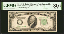 Fr. 2008-JN*. 1934C $10 Federal Reserve Star Note. Narrow. Kansas City. PMG Very Fine 30 EPQ.

Another highlight of the "Gnat" collection which is r...