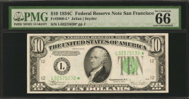 Fr. 2008-L*. 1934C $10 Federal Reserve Star Note. San Francisco. PMG Gem Uncirculated 66 EPQ.

Top pop with a single other note and according to the...