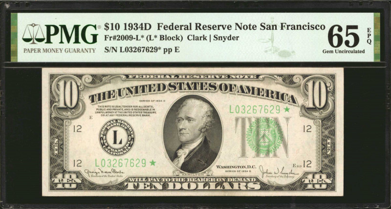 Fr. 2009-L*. 1934D $10 Federal Reserve Star Note. San Francisco. PMG Gem Uncircu...