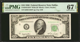 Fr. 2010-KW*. 1950 $10 Federal Reserve Star Note. Wide. Dallas. PMG Superb Gem Uncirculated 67 EPQ.

Back plate 1240. Excellent embossing pops throu...